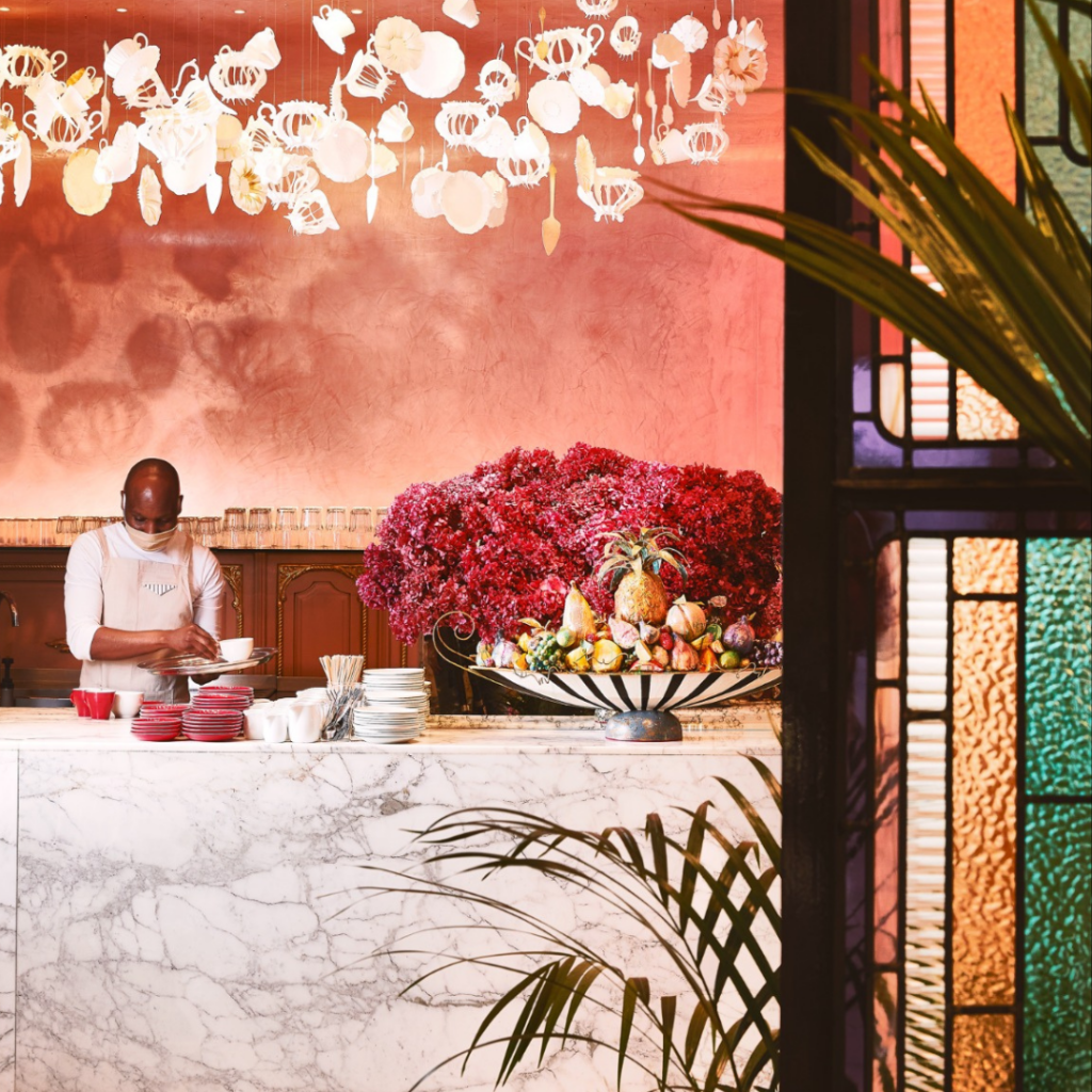 Close up of pastel windows at Tashas le Parc