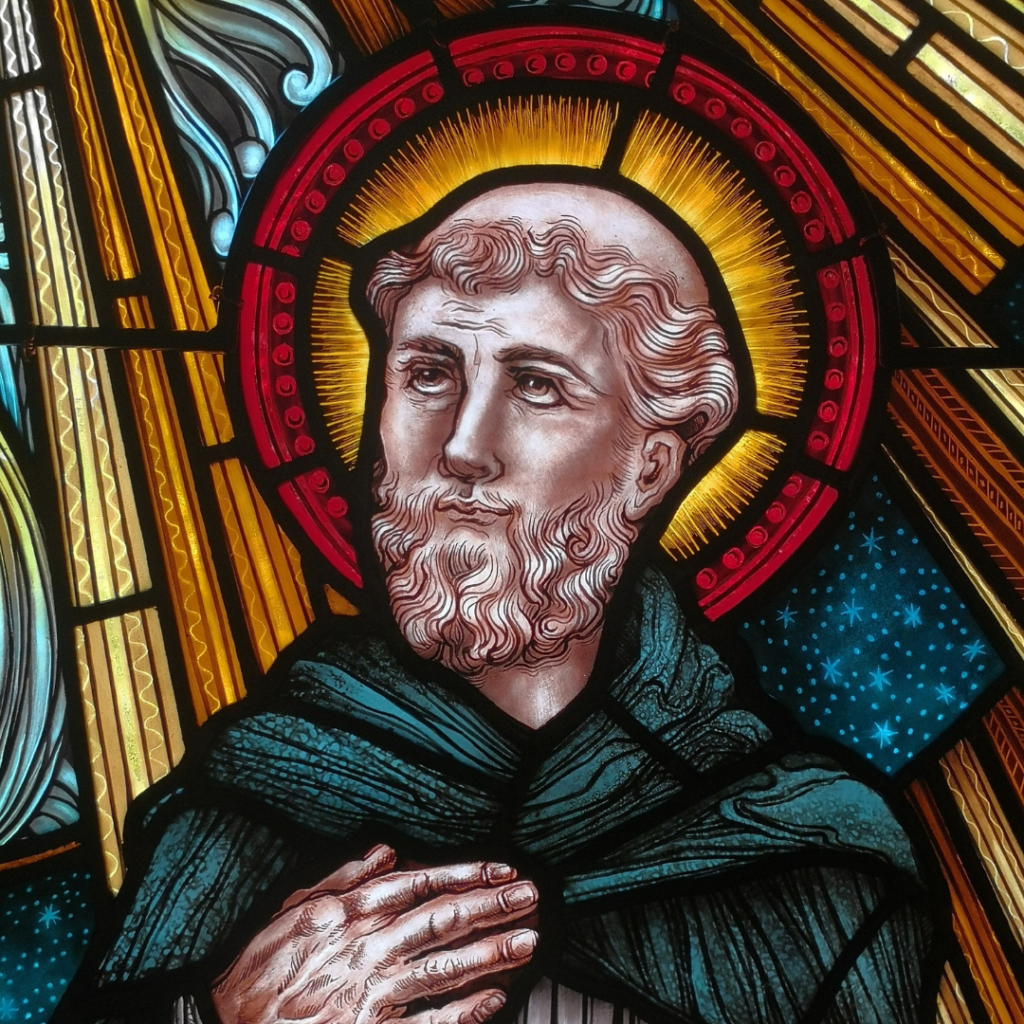 close-up of st. benedict painted stained glass for springfields convent school