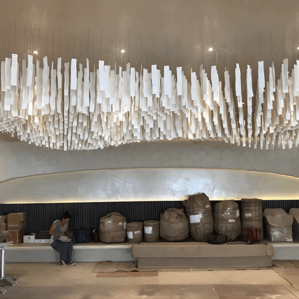 Tashas Cemcrete. Live Light installed a ceramic ceiling installation by Lisa Firer for tashas