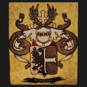 Hand-painted family crest, kiln fired. using amber and enamels